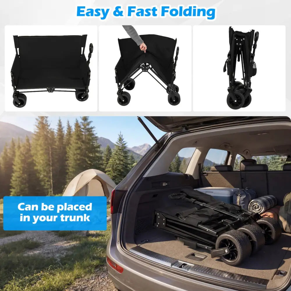 2-in-1 Wagon Bench Seat Combo Collapsible Beach Cart with Handle and Cushion-Black - Black - Camping Furniture