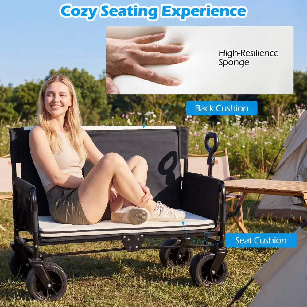 2-in-1 Wagon Bench Seat Combo Collapsible Beach Cart with Handle and Cushion-Black - Black - Camping Furniture
