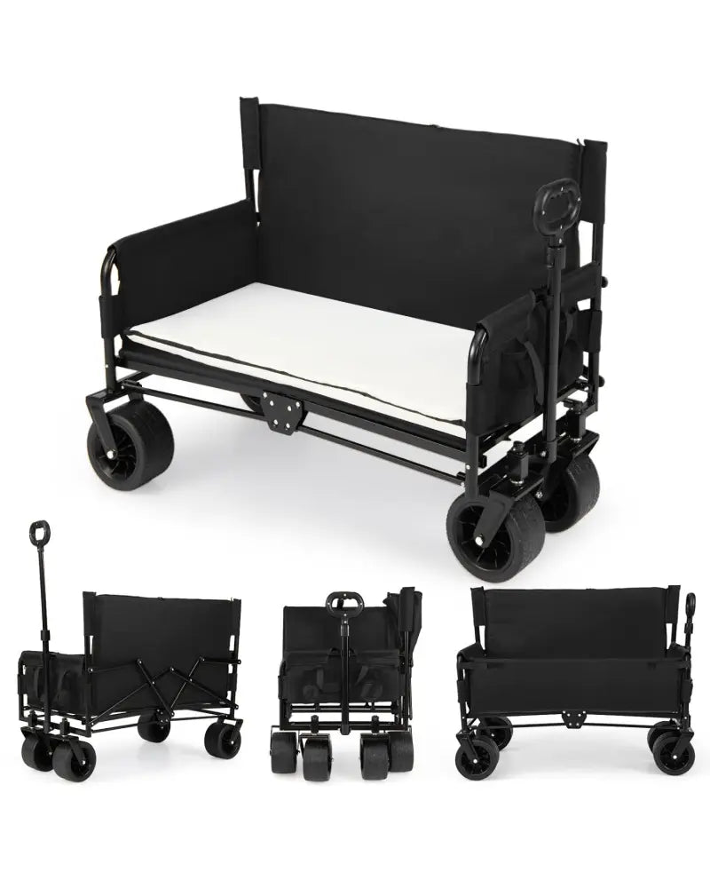 2-in-1 Wagon Bench Seat Combo Collapsible Beach Cart with Handle and Cushion-Black - Black - Camping Furniture