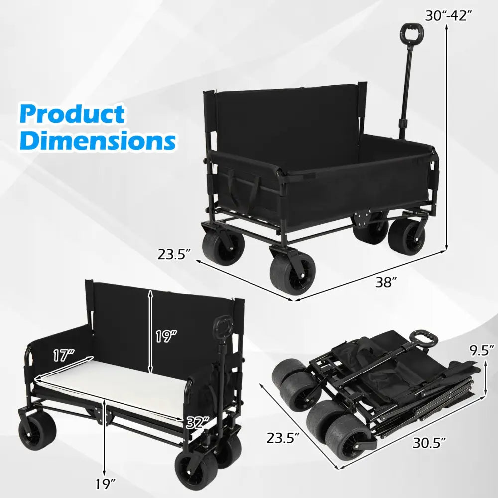 2-in-1 Wagon Bench Seat Combo Collapsible Beach Cart with Handle and Cushion-Black - Black - Camping Furniture