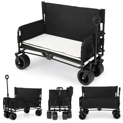 2-in-1 Wagon Bench Seat Combo Collapsible Beach Cart with Handle and Cushion-Black - Black - Camping Furniture