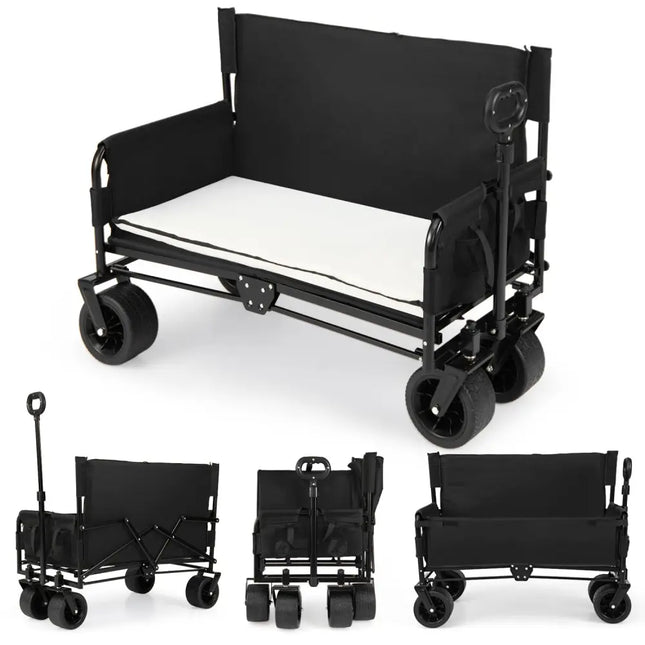 2-in-1 Wagon Bench Seat Combo Collapsible Beach Cart with Handle and Cushion-Black - Black - Camping Furniture