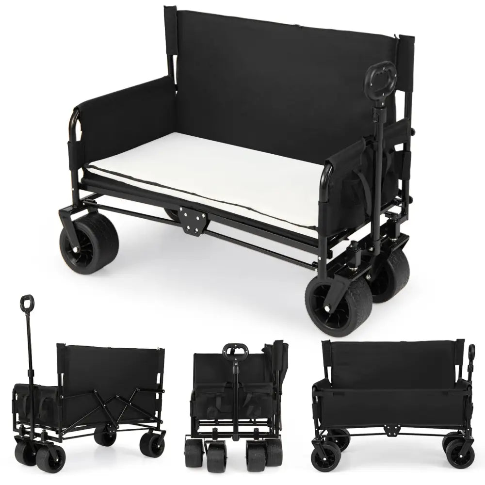 2-in-1 Wagon Bench Seat Combo Collapsible Beach Cart with Handle and Cushion-Black - Black - Camping Furniture