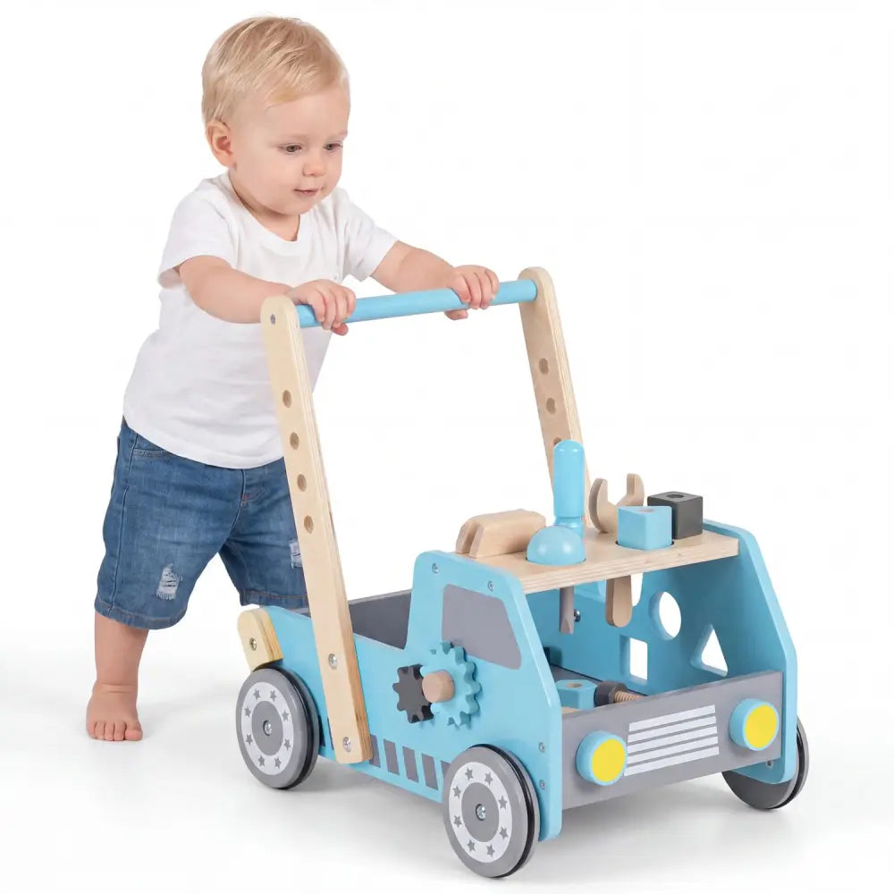 2-in-1 Wooden Baby Walker with Adjustable Speed and Bottom Storage-Blue - Blue - Baby Activity