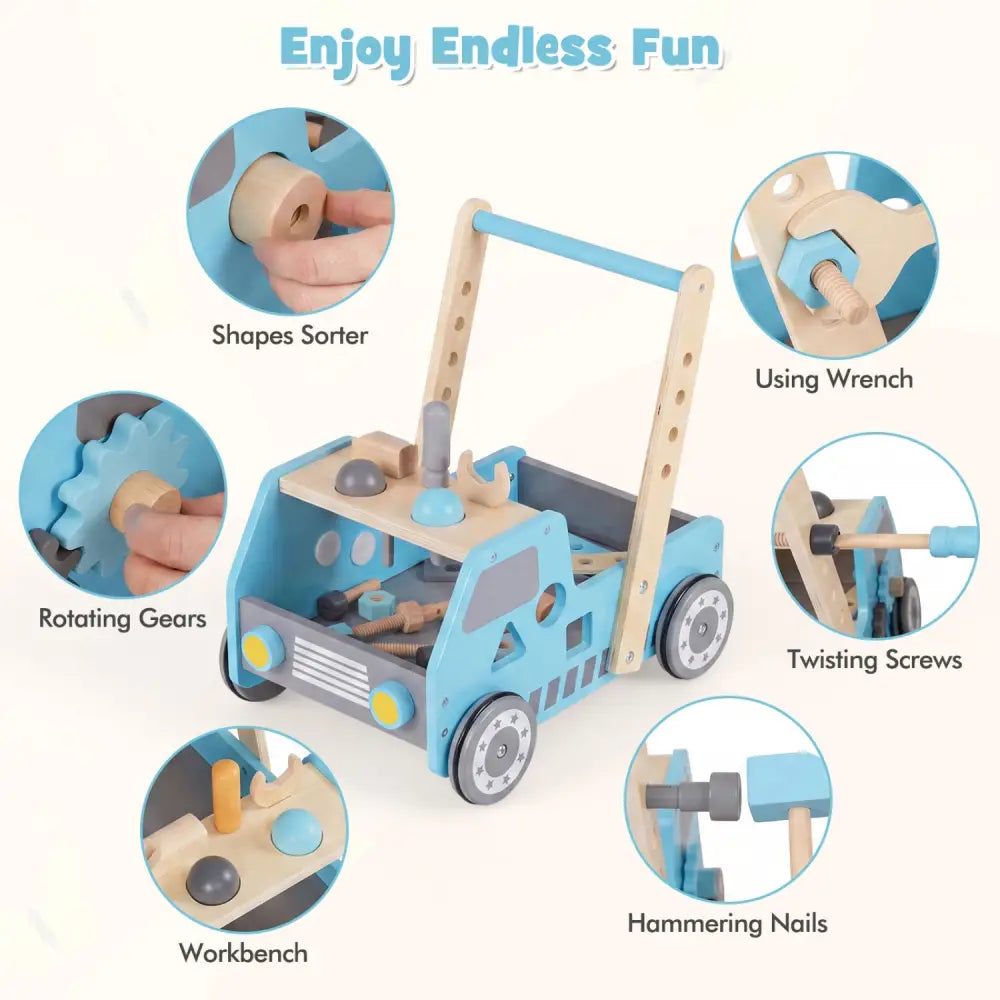 2-in-1 Wooden Baby Walker with Adjustable Speed and Bottom Storage-Blue - Blue - Baby Activity