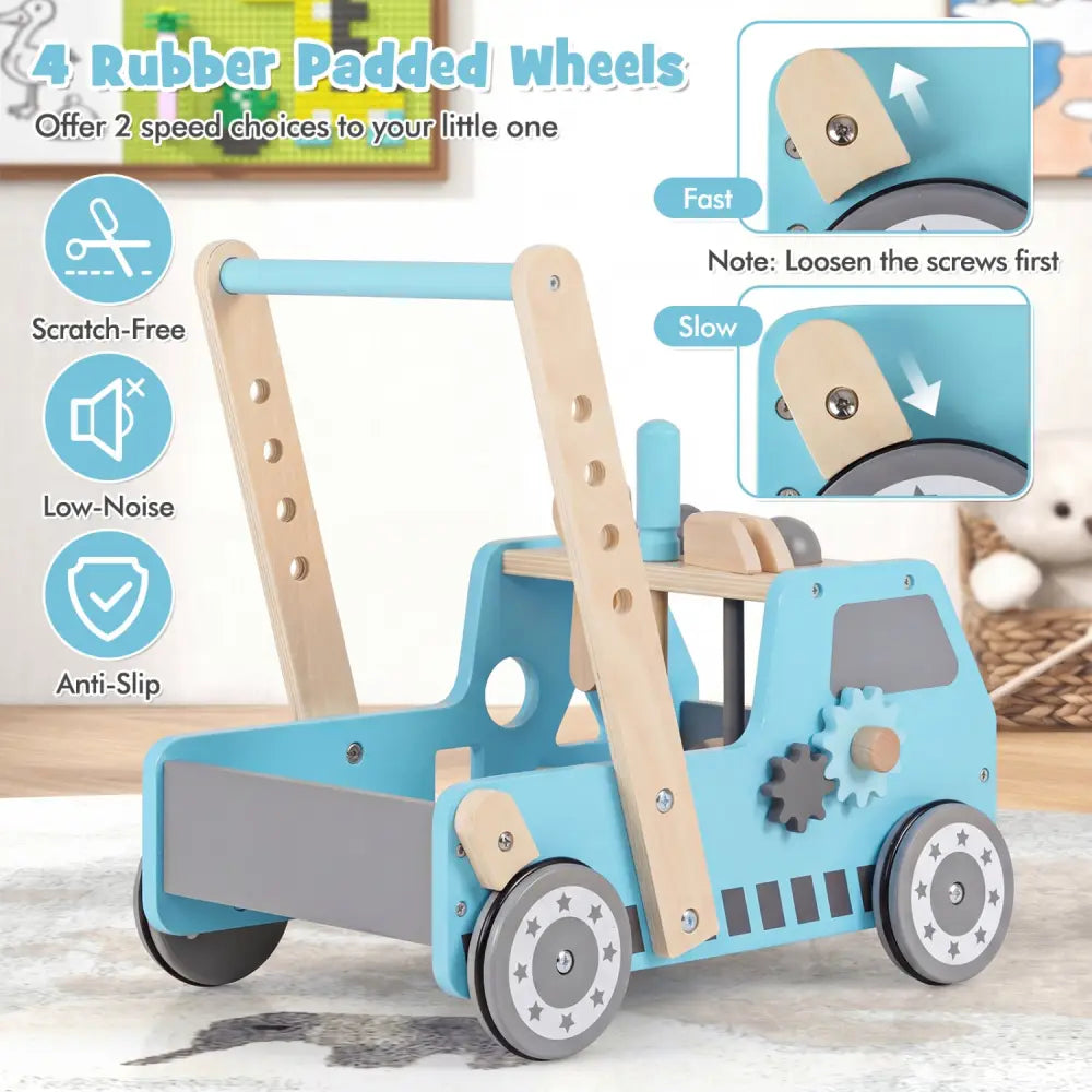 2-in-1 Wooden Baby Walker with Adjustable Speed and Bottom Storage-Blue - Blue - Baby Activity