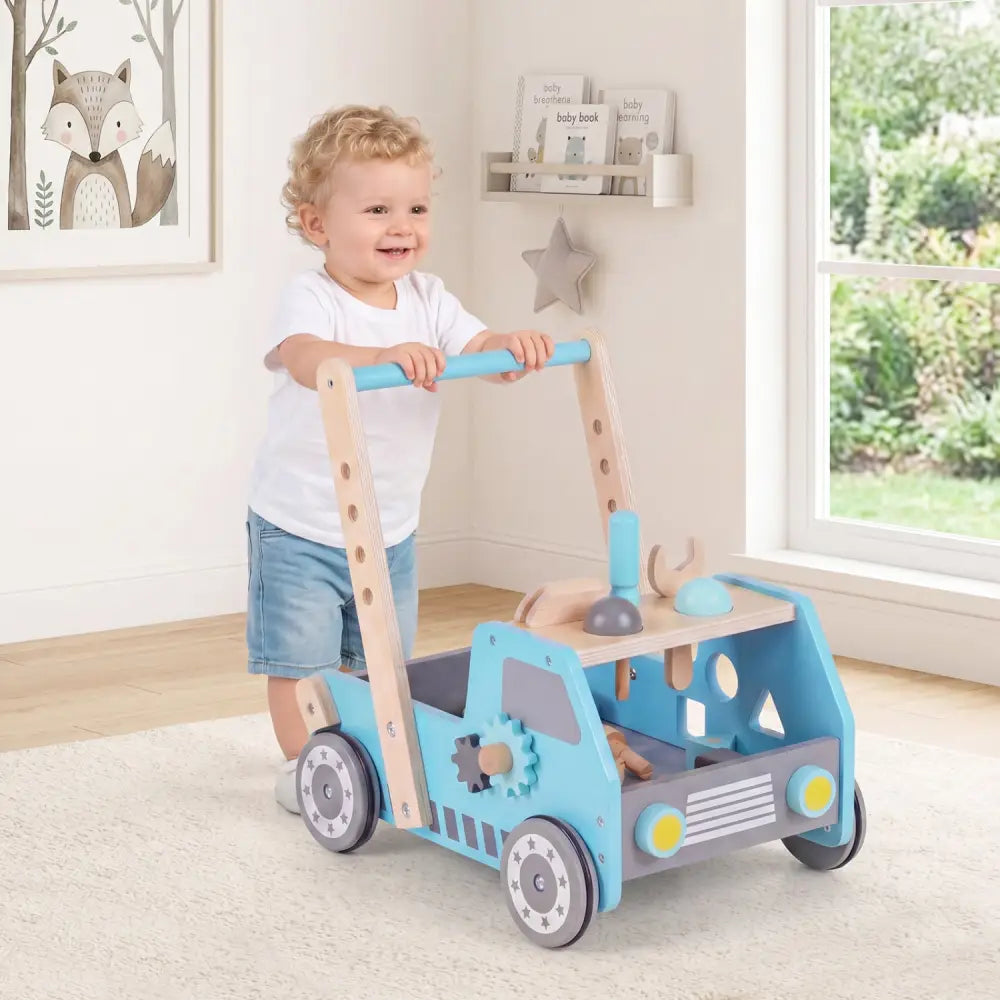 2-in-1 Wooden Baby Walker with Adjustable Speed and Bottom Storage-Blue - Blue - Baby Activity