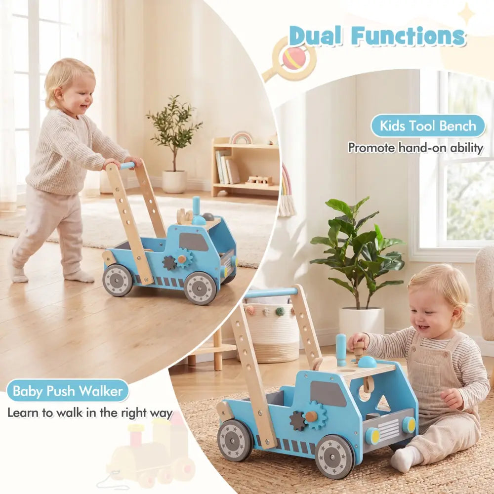 2-in-1 Wooden Baby Walker with Adjustable Speed and Bottom Storage-Blue - Blue - Baby Activity