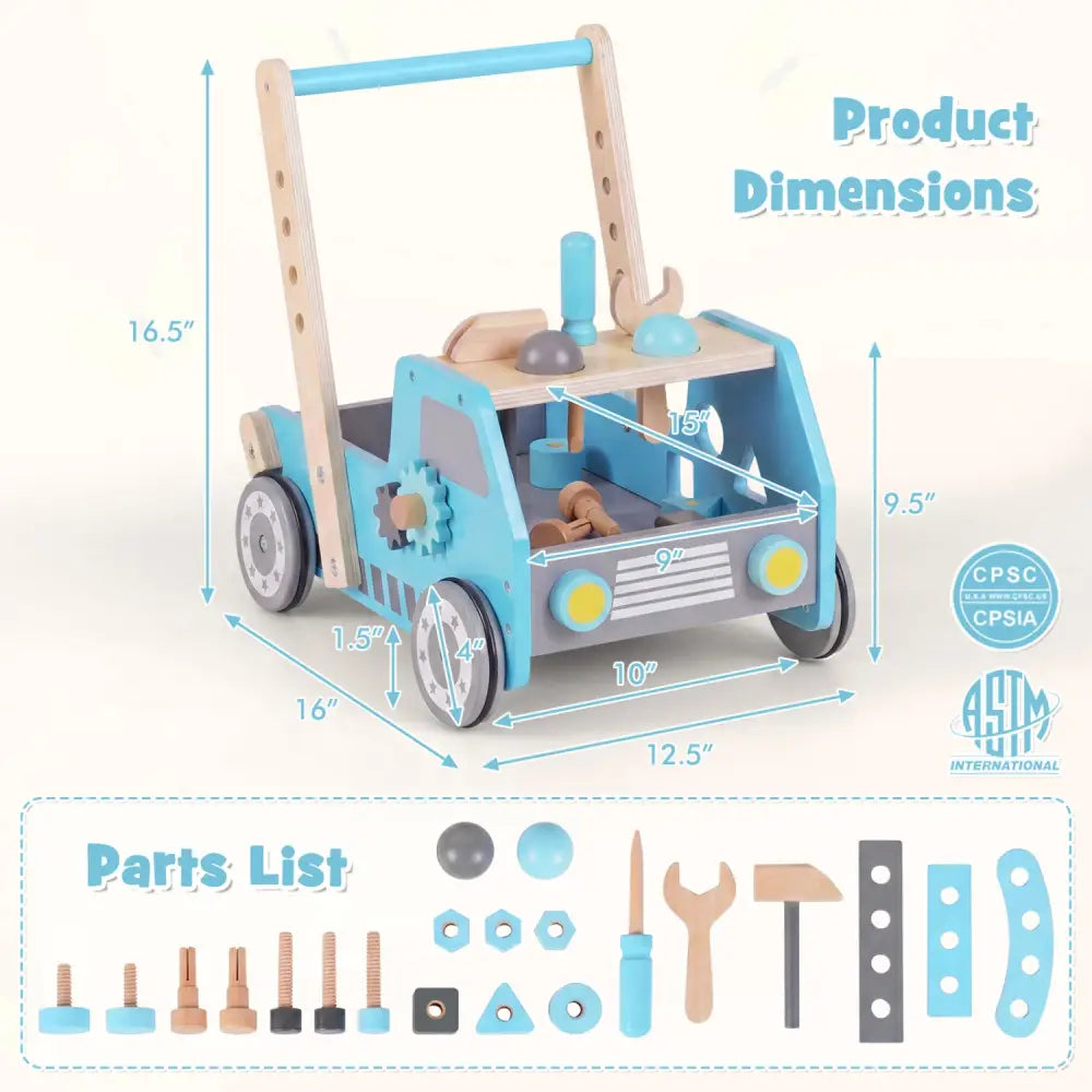 2-in-1 Wooden Baby Walker with Adjustable Speed and Bottom Storage-Blue - Blue - Baby Activity
