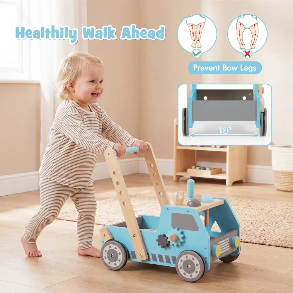 2-in-1 Wooden Baby Walker with Adjustable Speed and Bottom Storage-Blue - Blue - Baby Activity