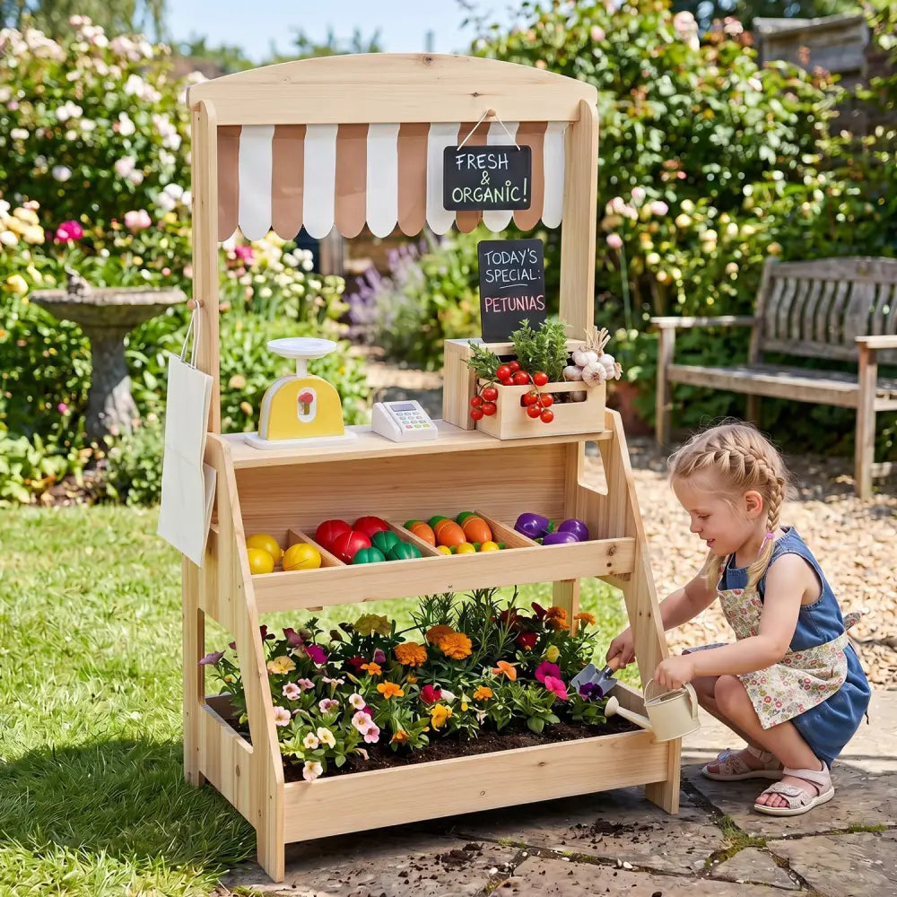 2-in-1 Wooden Mud Kitchen and Market Stand for Kids Outdoor with Planter Box and 2 Chalkboards-Natrual - Natural - Play