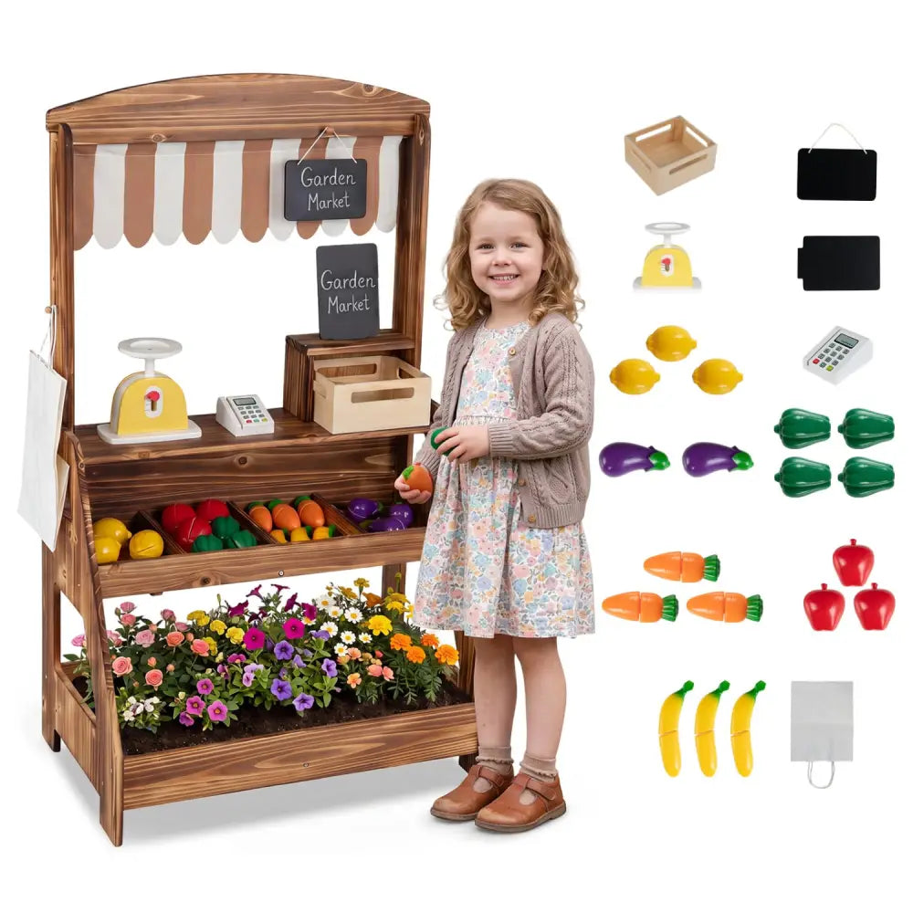 2-in-1 Wooden Mud Kitchen and Market Stand for Kids Outdoor with Planter Box and 2 Chalkboards-Brown - Brown - Play