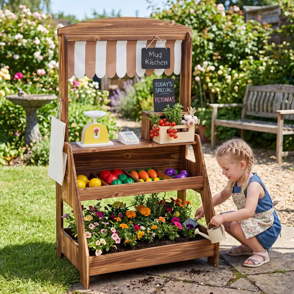 2-in-1 Wooden Mud Kitchen and Market Stand for Kids Outdoor with Planter Box and 2 Chalkboards-Brown - Brown - Play