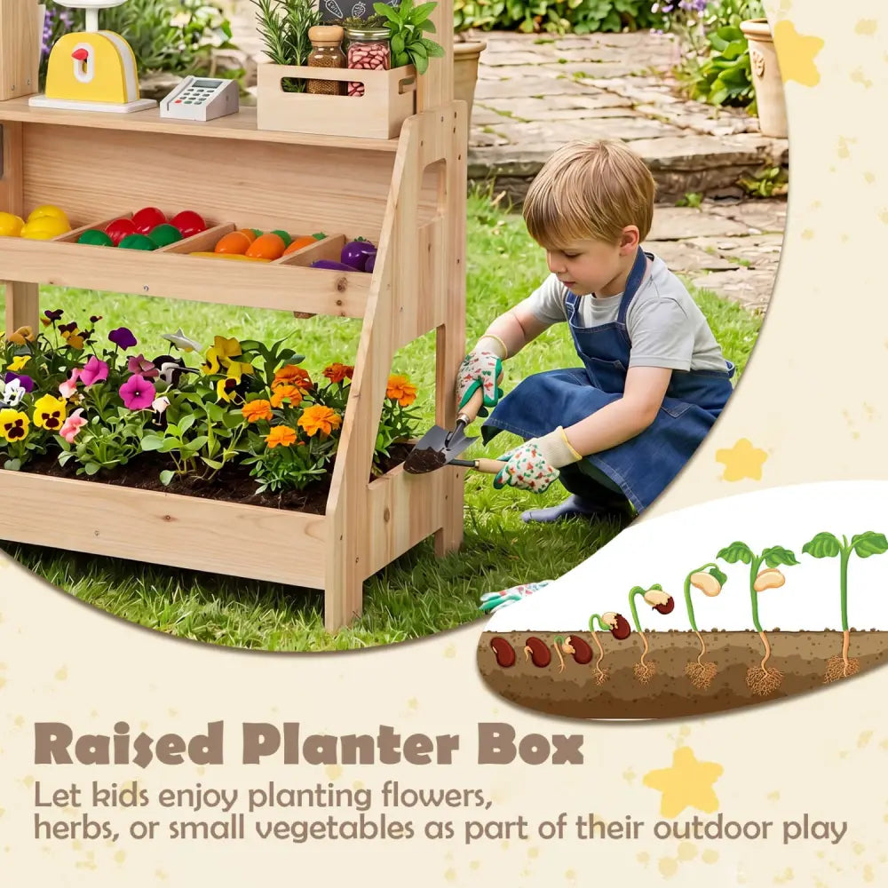 2-in-1 Wooden Mud Kitchen and Market Stand for Kids Outdoor with Planter Box and 2 Chalkboards-Natrual - Natural - Play