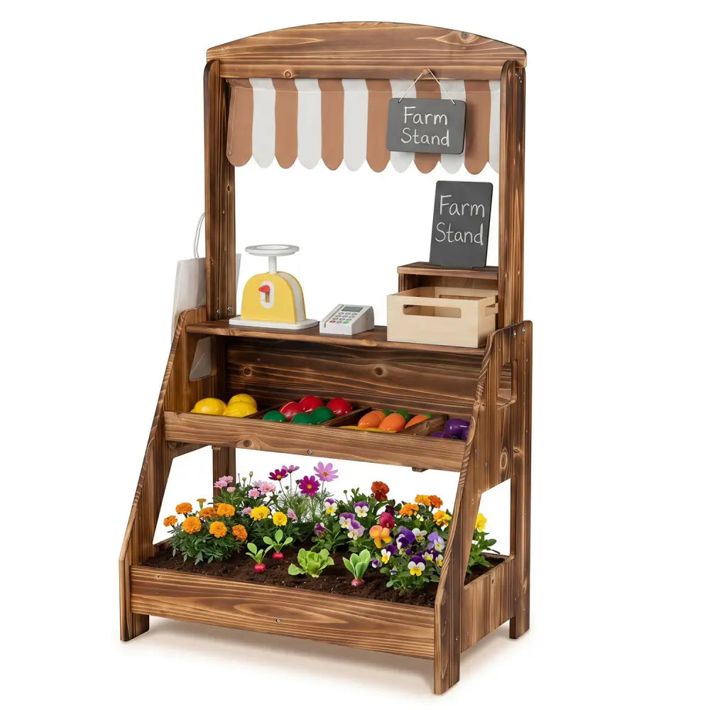 2-in-1 Wooden Mud Kitchen and Market Stand for Kids Outdoor with Planter Box and 2 Chalkboards-Brown - Brown - Play