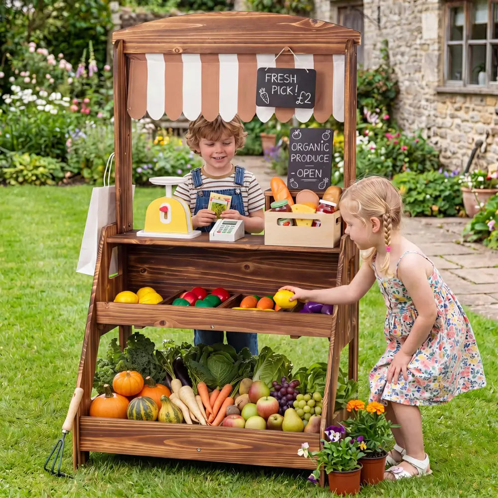 2-in-1 Wooden Mud Kitchen and Market Stand for Kids Outdoor with Planter Box and 2 Chalkboards-Brown - Brown - Play