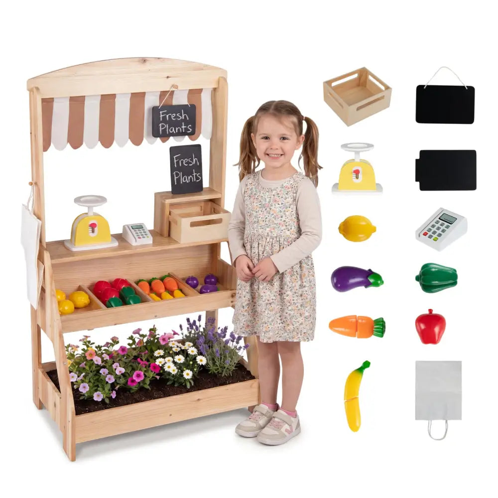 2-in-1 Wooden Mud Kitchen and Market Stand for Kids Outdoor with Planter Box and 2 Chalkboards-Natrual - Natural - Play