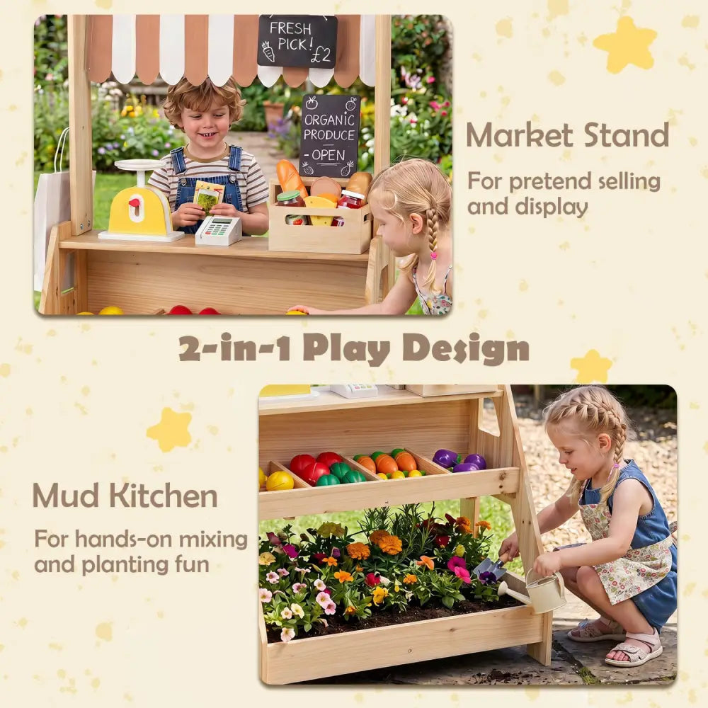 2-in-1 Wooden Mud Kitchen and Market Stand for Kids Outdoor with Planter Box and 2 Chalkboards-Natrual - Natural - Play