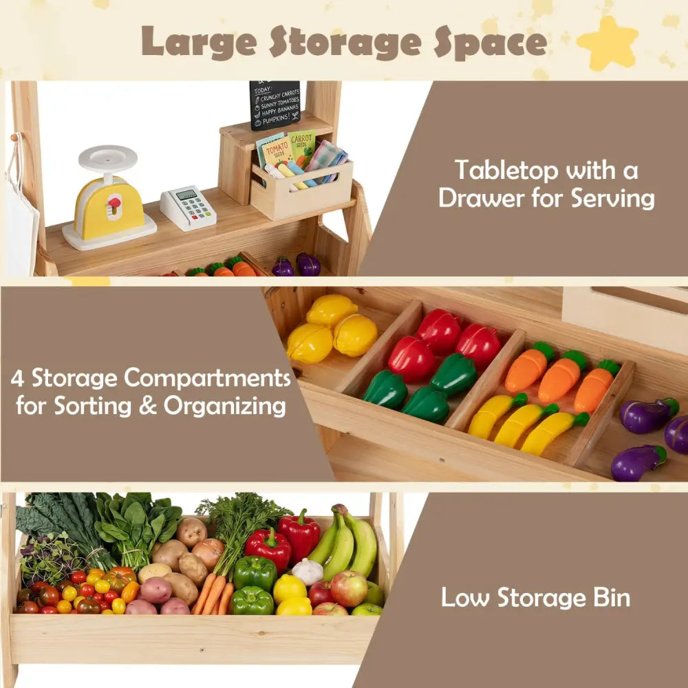 2-in-1 Wooden Mud Kitchen and Market Stand for Kids Outdoor with Planter Box and 2 Chalkboards-Natrual - Natural - Play