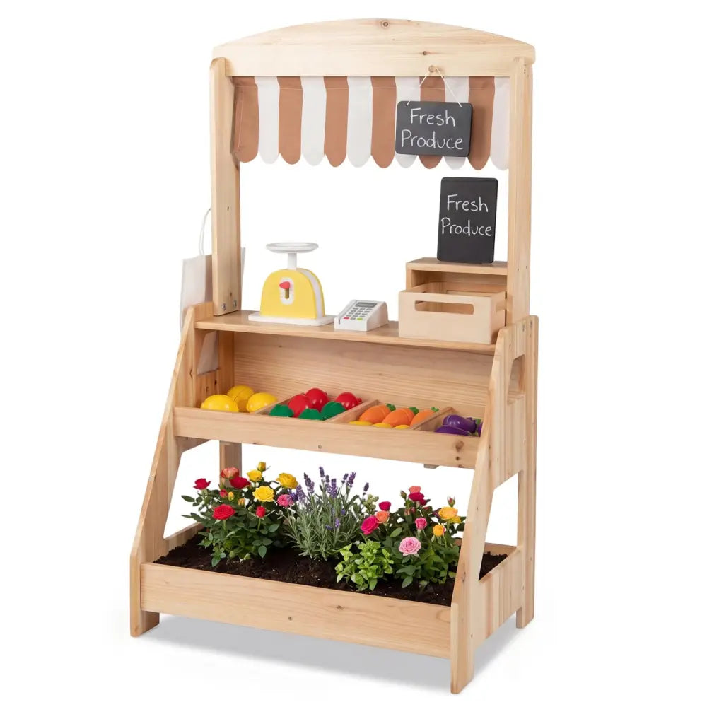 2-in-1 Wooden Mud Kitchen and Market Stand for Kids Outdoor with Planter Box and 2 Chalkboards-Natrual - Natural - Play