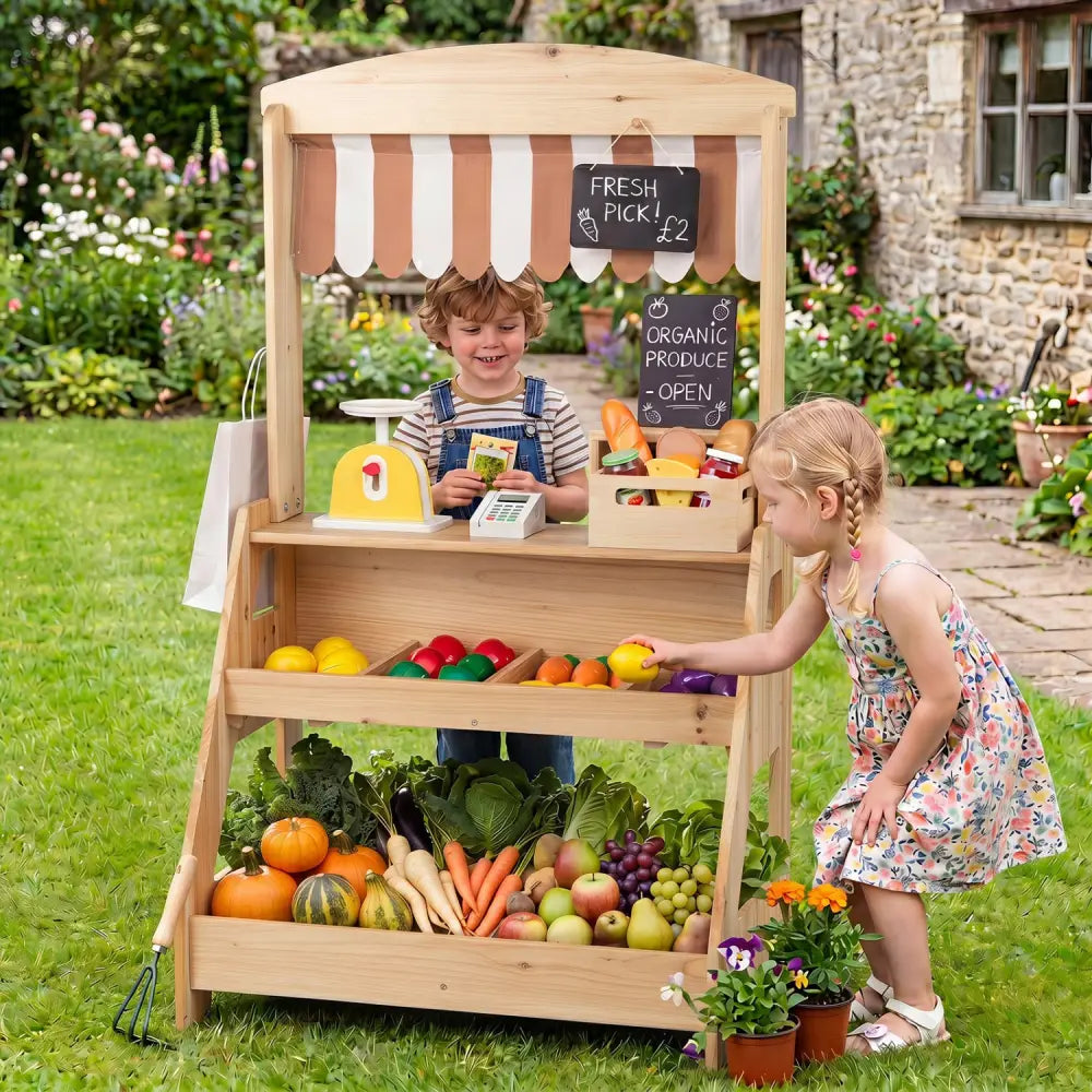 2-in-1 Wooden Mud Kitchen and Market Stand for Kids Outdoor with Planter Box and 2 Chalkboards-Natrual - Natural - Play