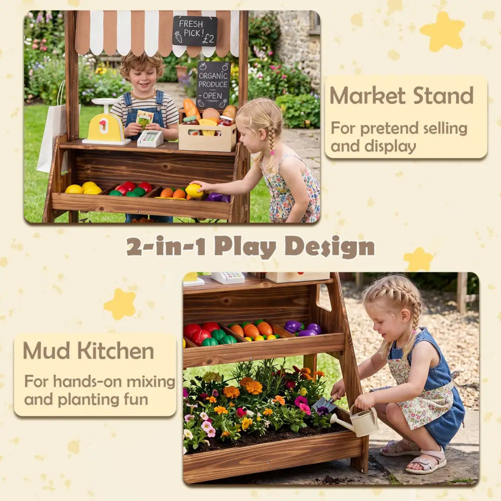 2-in-1 Wooden Mud Kitchen and Market Stand for Kids Outdoor with Planter Box and 2 Chalkboards-Brown - Brown - Play