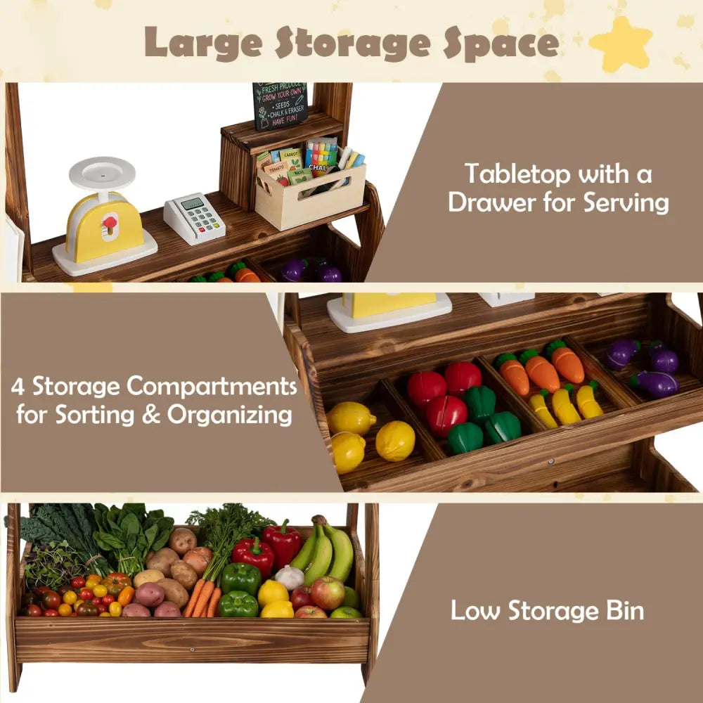 2-in-1 Wooden Mud Kitchen and Market Stand for Kids Outdoor with Planter Box and 2 Chalkboards-Brown - Brown - Play