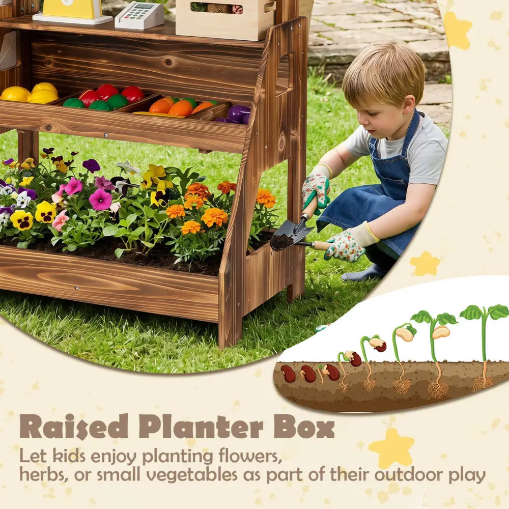 2-in-1 Wooden Mud Kitchen and Market Stand for Kids Outdoor with Planter Box and 2 Chalkboards-Brown - Brown - Play
