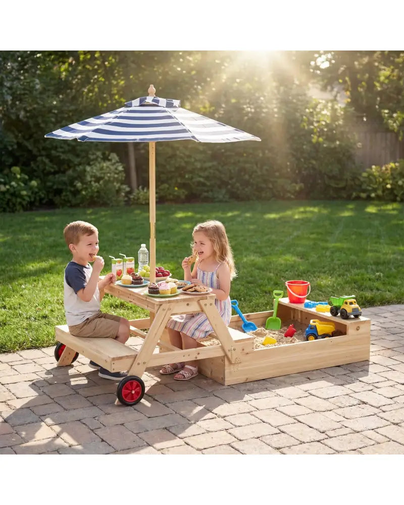 2-in-1 Wooden Sandbox with Foldable Umbrella and Convertible Picnic Table-Blue - Blue - Sandboxes