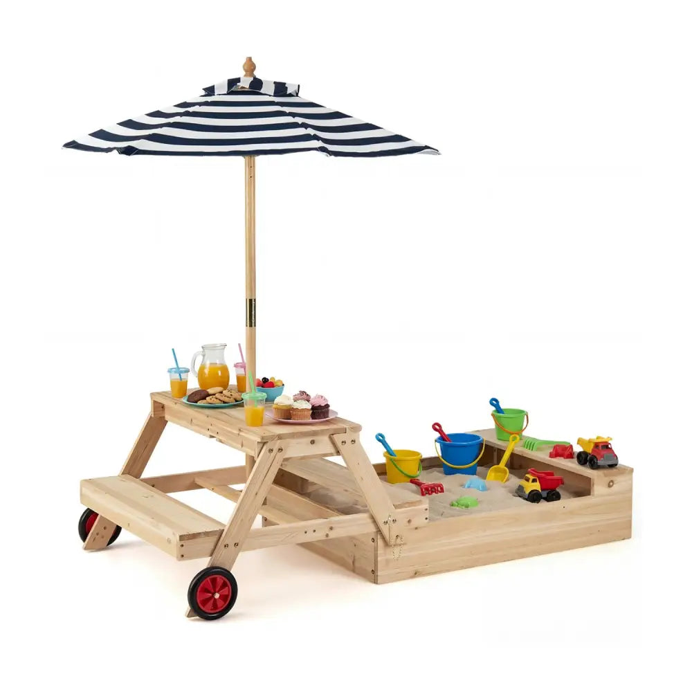 2-in-1 Wooden Sandbox with Foldable Umbrella and Convertible Picnic Table-Blue - Blue - Sandboxes