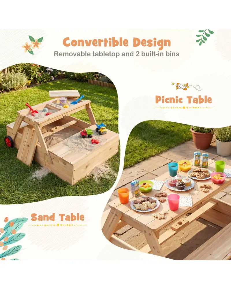 2-in-1 Wooden Sandbox with Foldable Umbrella and Convertible Picnic Table-Blue - Blue - Sandboxes