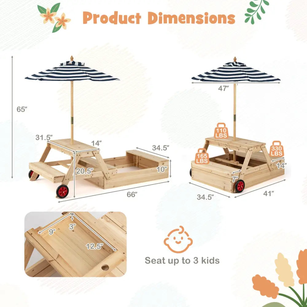 2-in-1 Wooden Sandbox with Foldable Umbrella and Convertible Picnic Table-Blue - Blue - Sandboxes