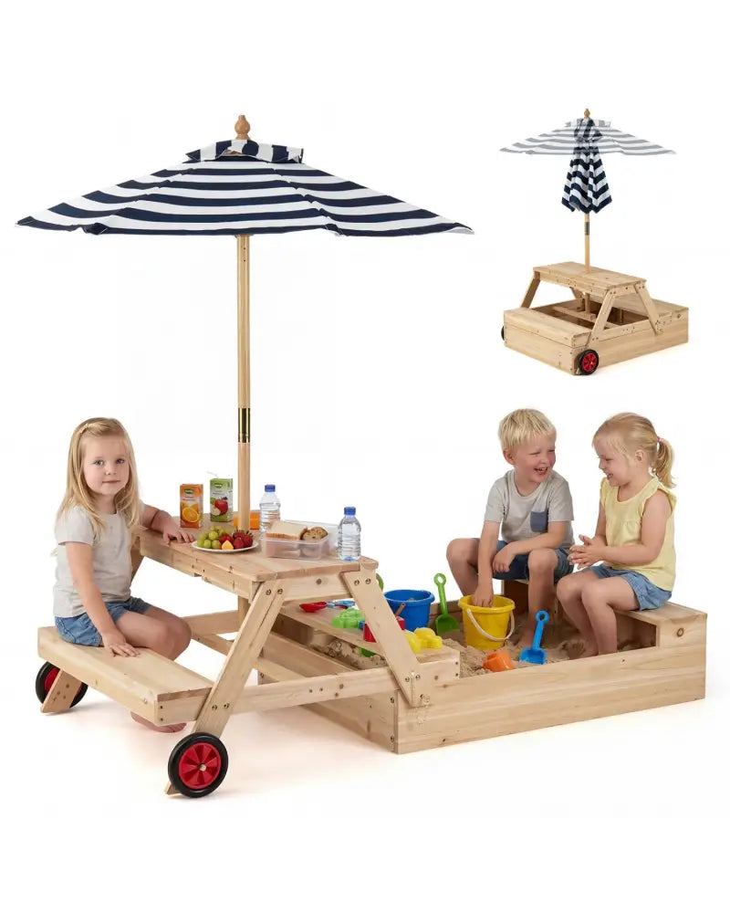 2-in-1 Wooden Sandbox with Foldable Umbrella and Convertible Picnic Table-Blue - Blue - Sandboxes