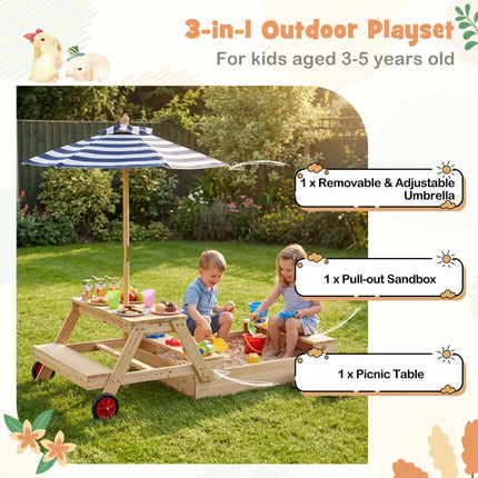 2-in-1 Wooden Sandbox with Foldable Umbrella and Convertible Picnic Table-Blue - Blue - Sandboxes