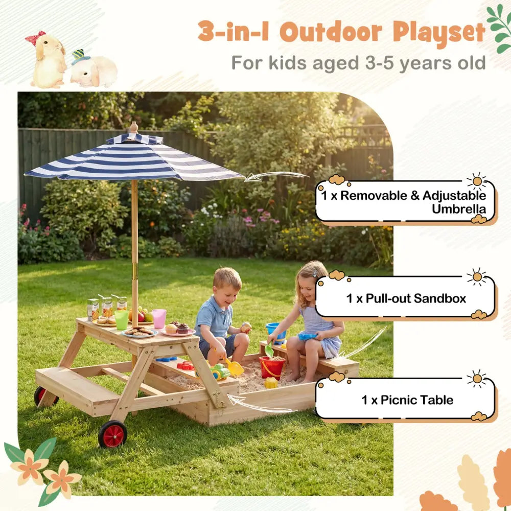 2-in-1 Wooden Sandbox with Foldable Umbrella and Convertible Picnic Table-Blue - Blue - Sandboxes
