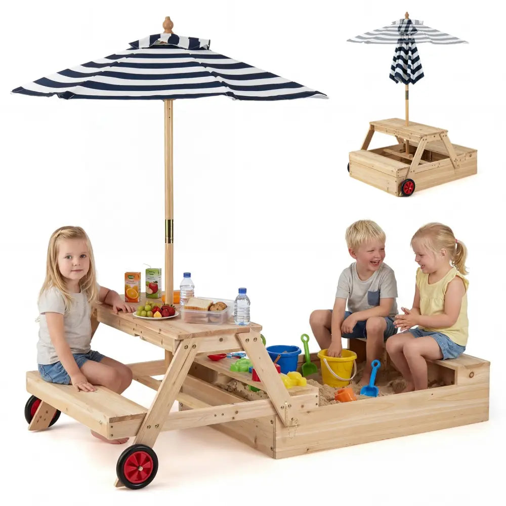 2-in-1 Wooden Sandbox with Foldable Umbrella and Convertible Picnic Table-Blue - Blue - Sandboxes