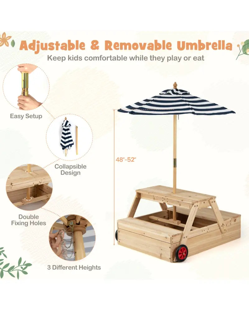 2-in-1 Wooden Sandbox with Foldable Umbrella and Convertible Picnic Table-Blue - Blue - Sandboxes