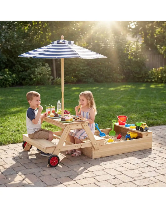 2-in-1 Wooden Sandbox with Foldable Umbrella and Convertible Picnic Table-Blue - Blue - Sandboxes