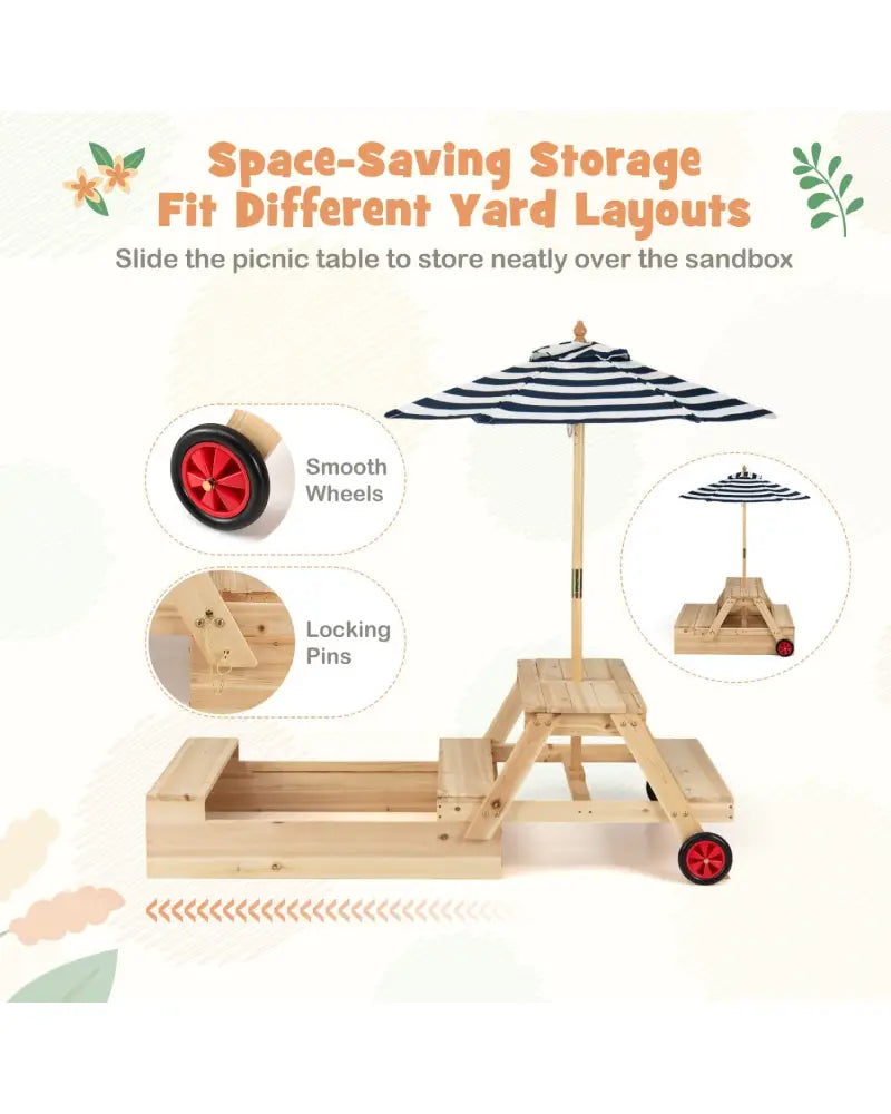 2-in-1 Wooden Sandbox with Foldable Umbrella and Convertible Picnic Table-Blue - Blue - Sandboxes