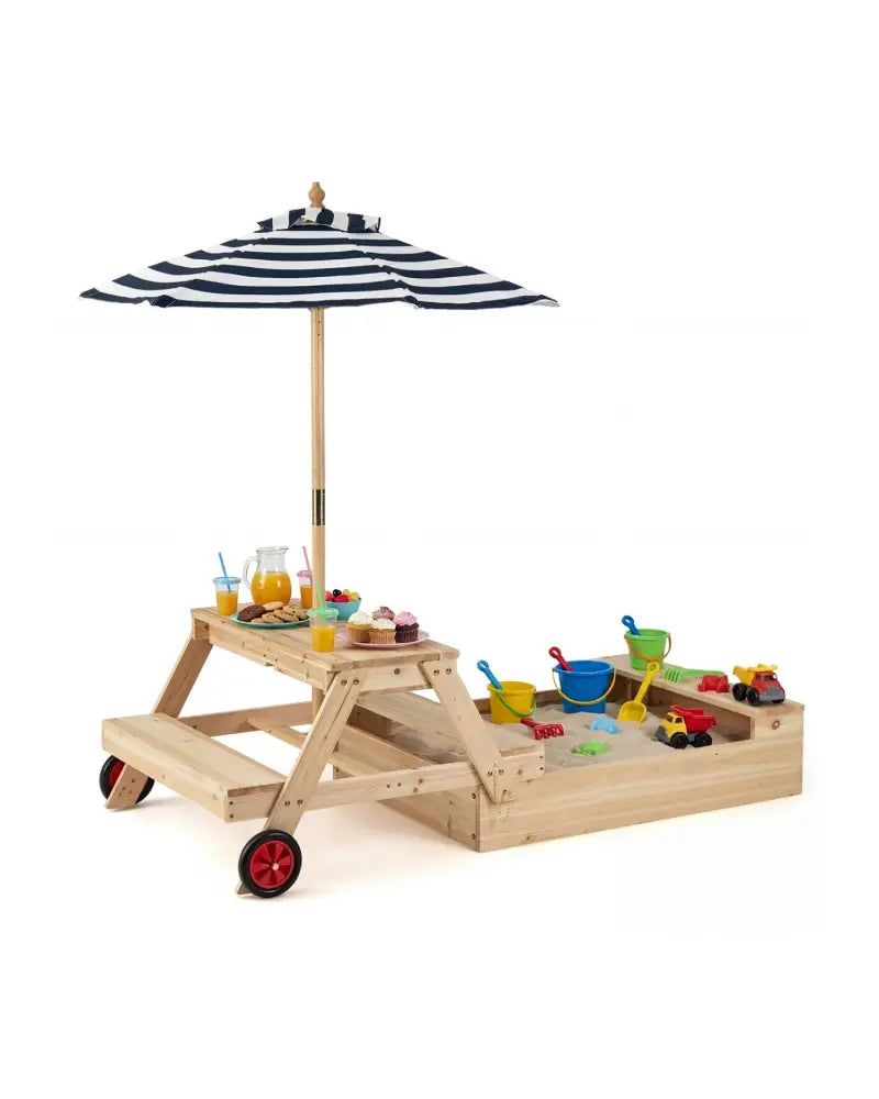 2-in-1 Wooden Sandbox with Foldable Umbrella and Convertible Picnic Table-Blue - Blue - Sandboxes