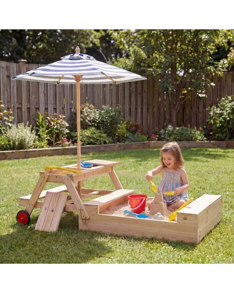2-in-1 Wooden Sandbox with Foldable Umbrella and Convertible Picnic Table-Blue - Blue - Sandboxes