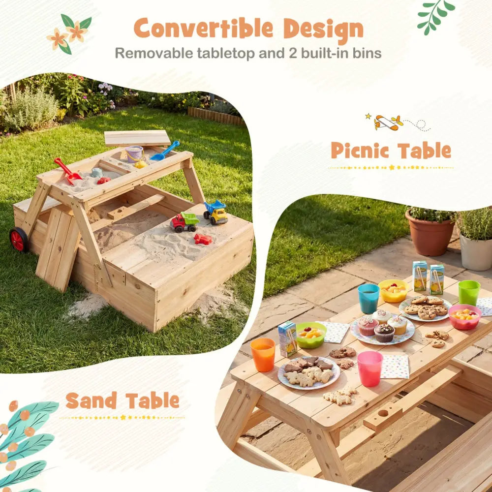 2-in-1 Wooden Sandbox with Foldable Umbrella and Convertible Picnic Table-Blue - Blue - Sandboxes