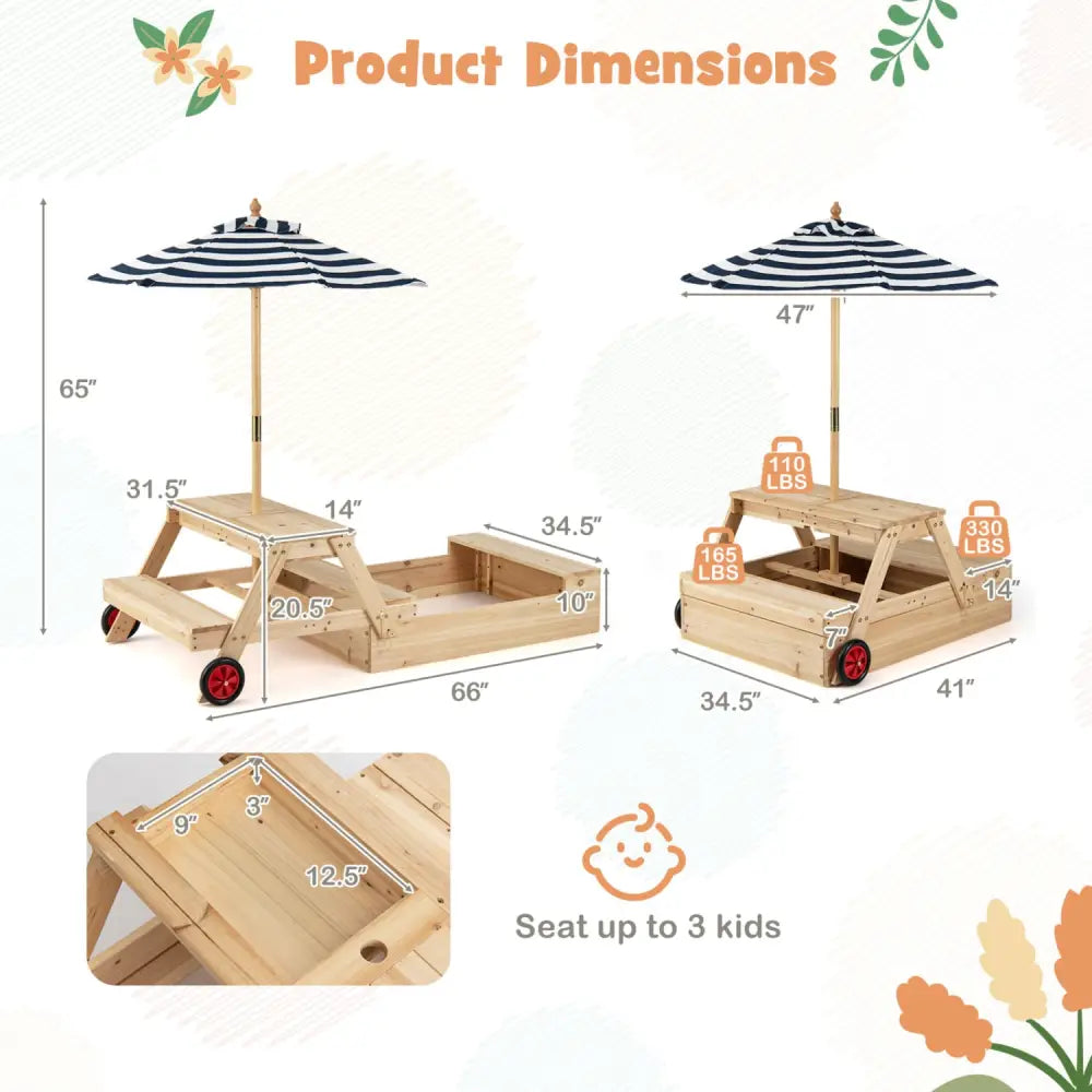 2-in-1 Wooden Sandbox with Foldable Umbrella and Convertible Picnic Table-Blue - Blue - Sandboxes