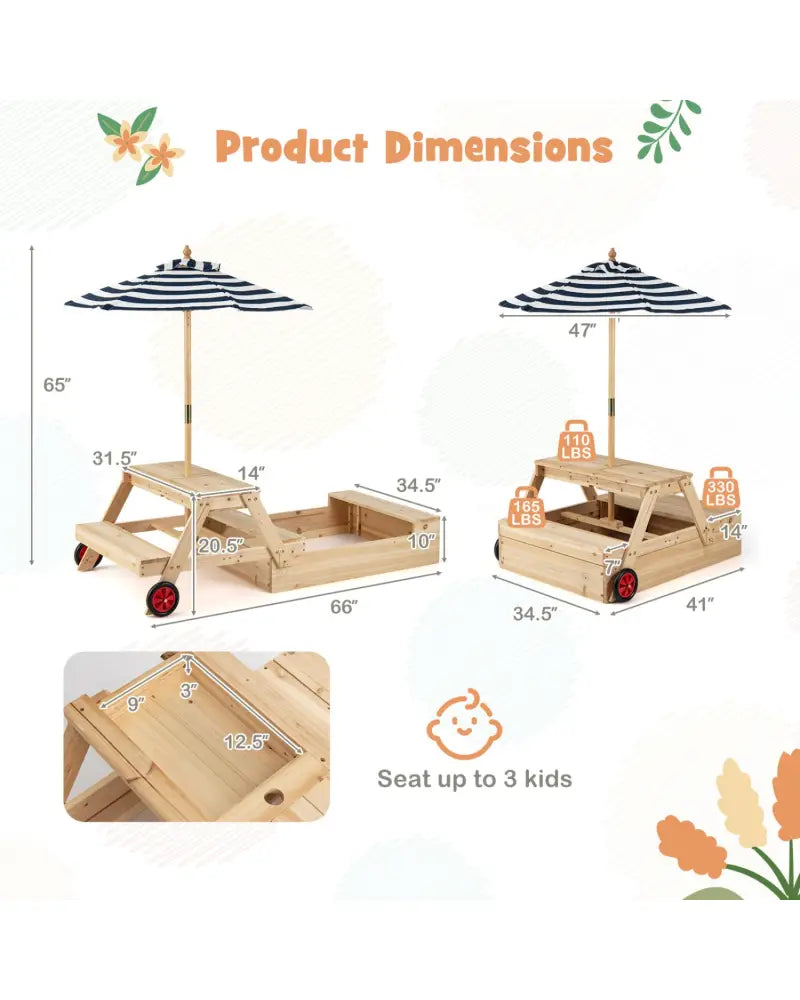 2-in-1 Wooden Sandbox with Foldable Umbrella and Convertible Picnic Table-Blue - Blue - Sandboxes