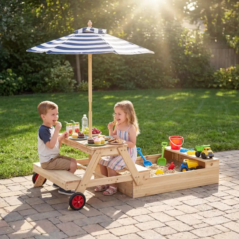 2-in-1 Wooden Sandbox with Foldable Umbrella and Convertible Picnic Table-Blue - Blue - Sandboxes