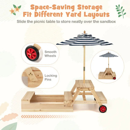 2-in-1 Wooden Sandbox with Foldable Umbrella and Convertible Picnic Table-Blue - Blue - Sandboxes