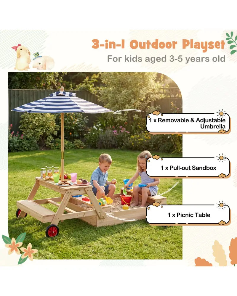 2-in-1 Wooden Sandbox with Foldable Umbrella and Convertible Picnic Table-Blue - Blue - Sandboxes