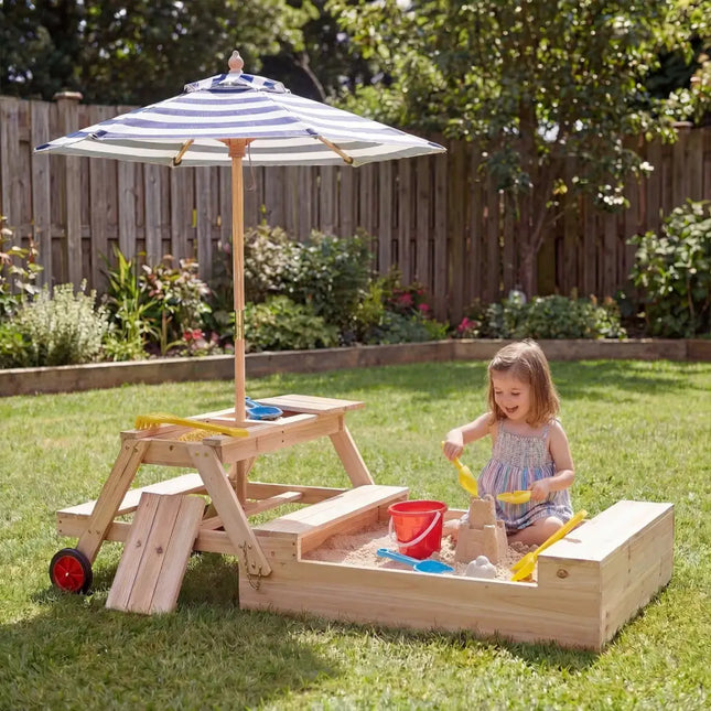 2-in-1 Wooden Sandbox with Foldable Umbrella and Convertible Picnic Table-Blue - Blue - Sandboxes