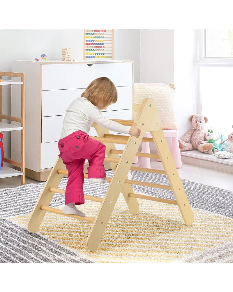 2-in-1 Wooden Triangle Climber Set with Gradient Adjustable Slide-Natural - Natural - Climbers & Slides