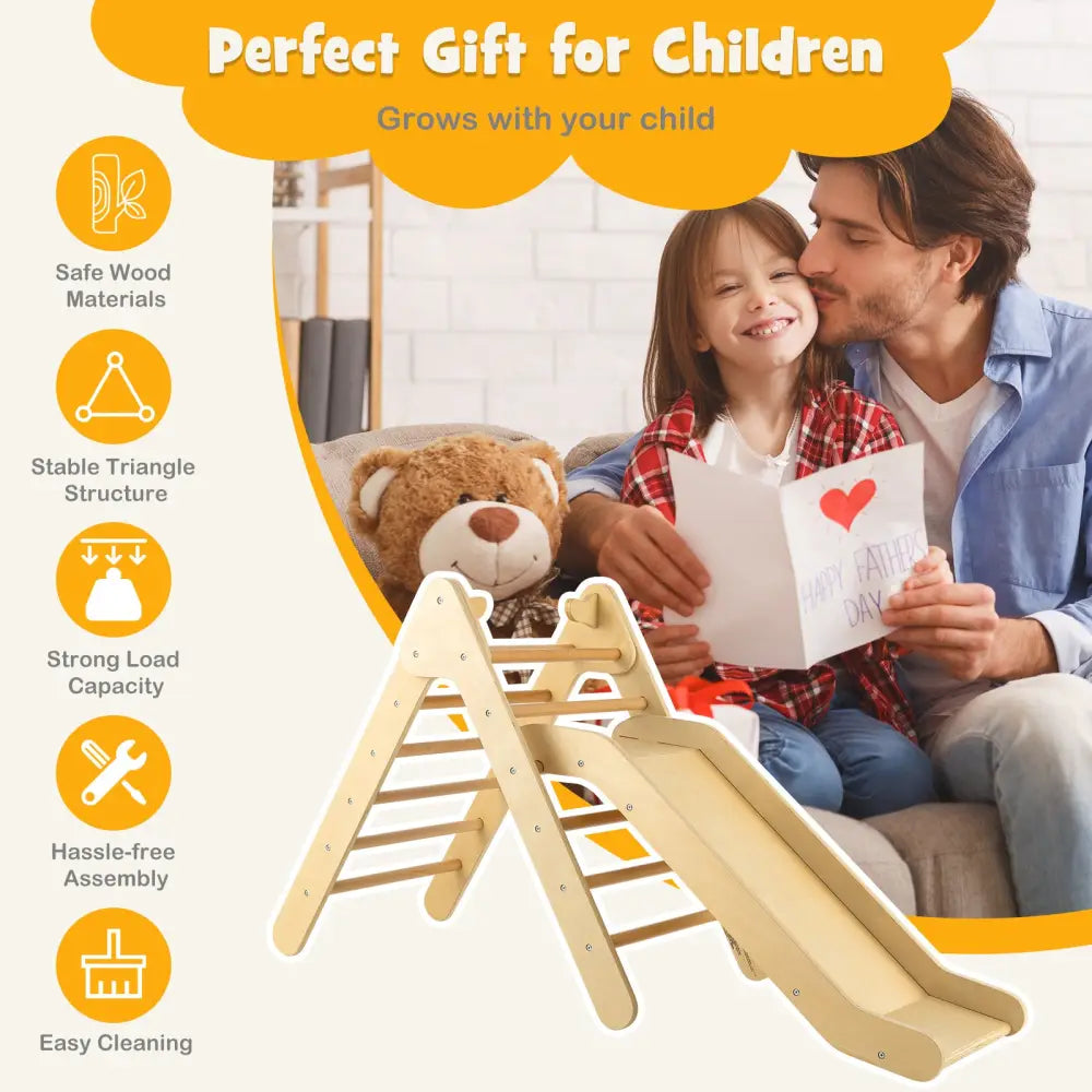 2-in-1 Wooden Triangle Climber Set with Gradient Adjustable Slide-Natural - Natural - Climbers & Slides
